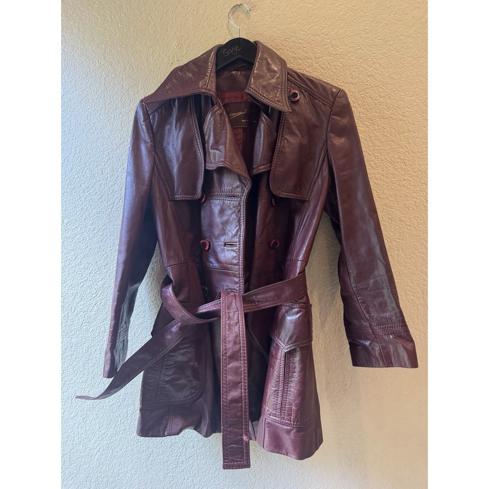 Vtg Etienne Aigner Leather retro Jacket Sz 14 Burgundy‎ Belted Button Front